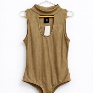 Project 28 NYC Gold Ribbed Cutout Bodysuit NWT Medium